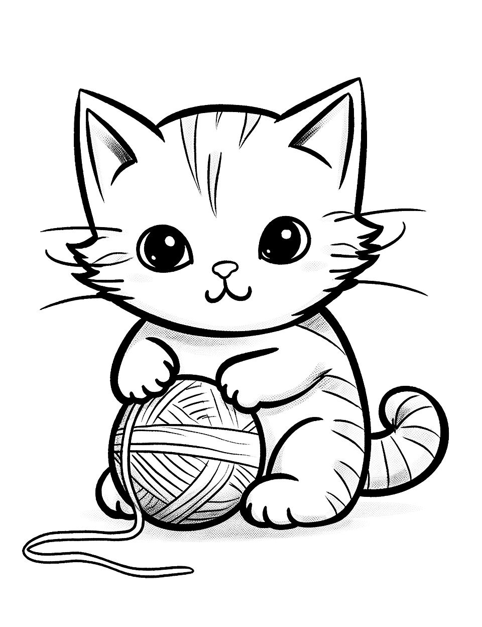 Cute Kitten With a Yarn Ball Coloring Page - A cute kitten playing with a colorful yarn ball.