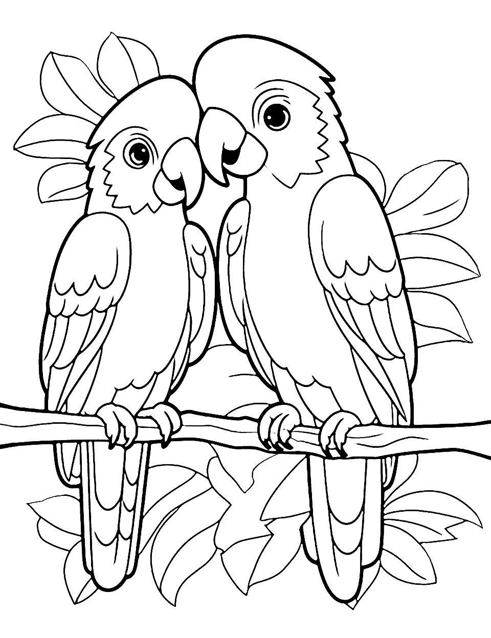 Cute Tropical Parrots Coloring Page - Two vibrant parrots perched on a branch in a tropical setting.