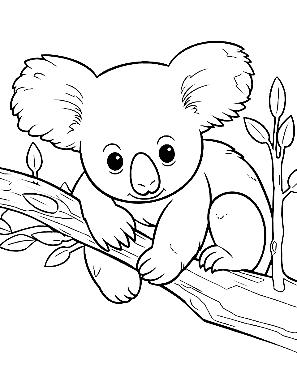 Koala Sleeping on a Tree Cute Coloring Page - A cute koala cuddled up and sleeping on a eucalyptus tree branch.