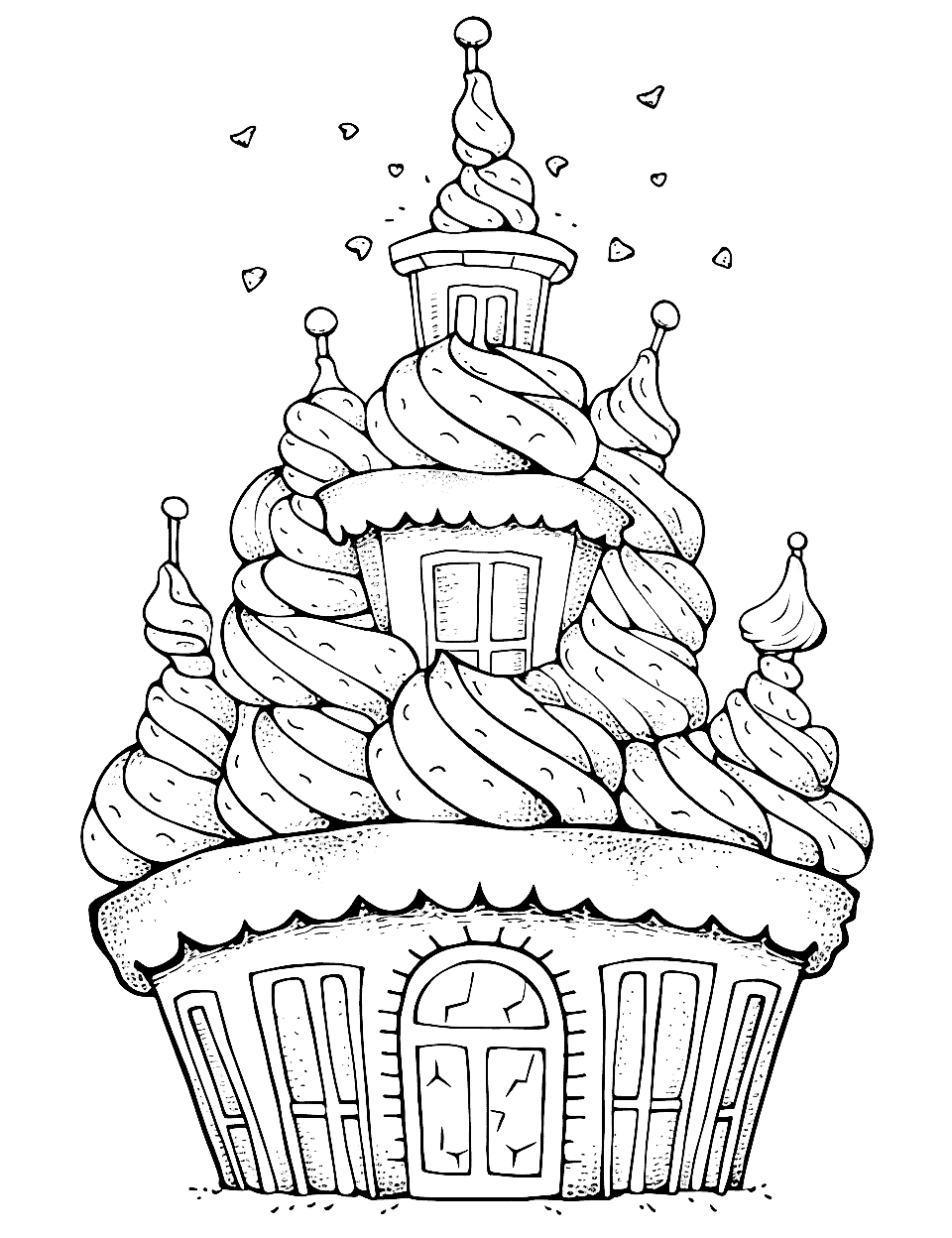 Cupcake Castle Cute Coloring Page - A castle made entirely of cupcakes with frosting and sprinkles.