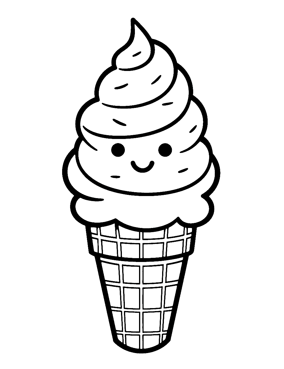 Kawaii Ice Cream Cone With a Face Coloring Page - A happy ice cream cone with a cute face and a cherry on top.