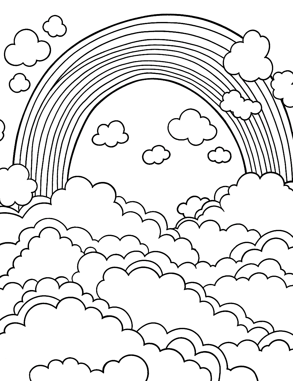 Rainbows and Clouds Coloring Page - Fluffy clouds surrounded by vibrant rainbows in a blue sky.