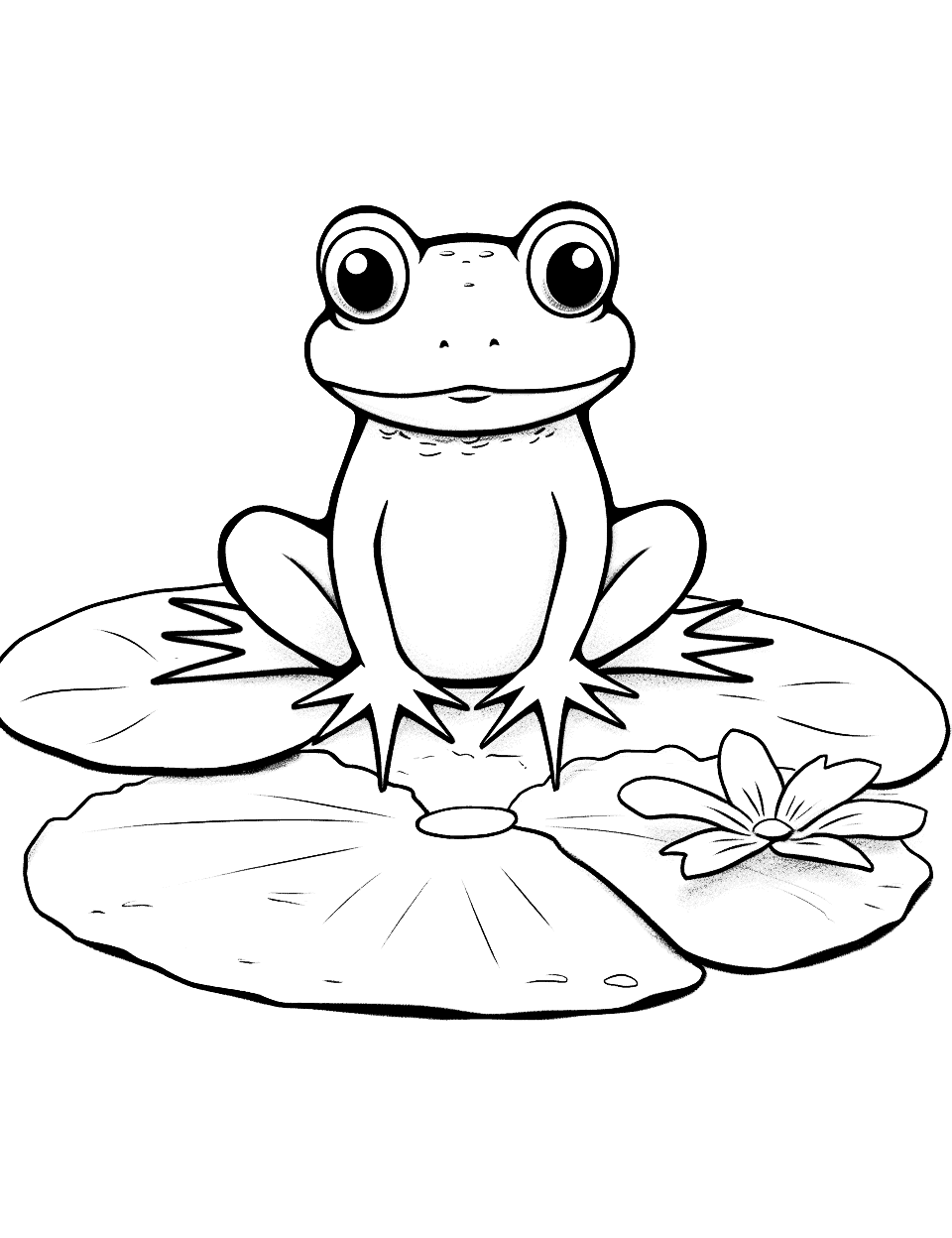 Cute Frog on a Lily Pad Coloring Page - A small frog sitting on a lily pad in a pond.