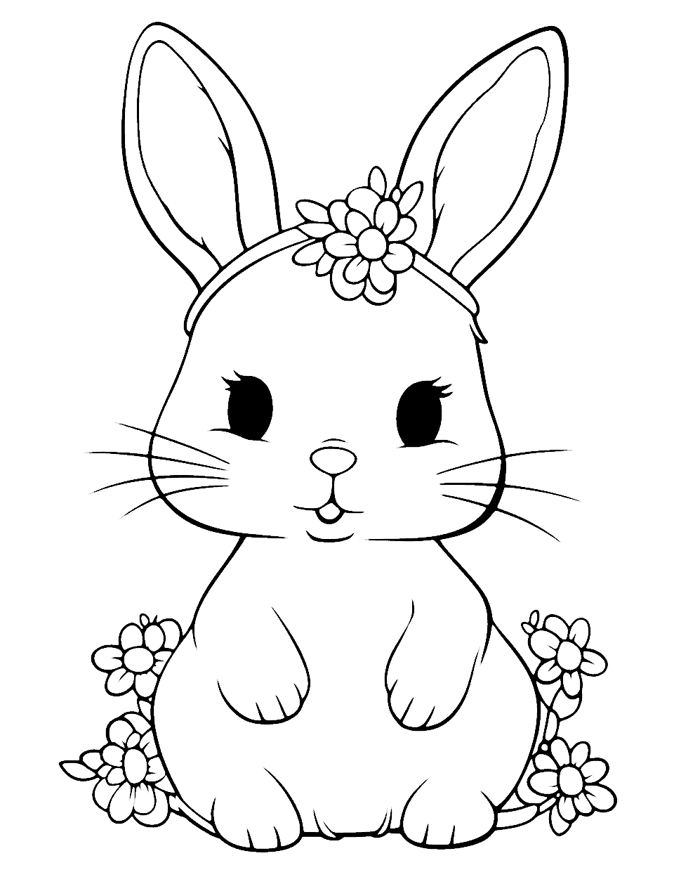 Bunny With a Flower Crown Coloring Page - A cute bunny wearing a crown made of beautiful flowers.