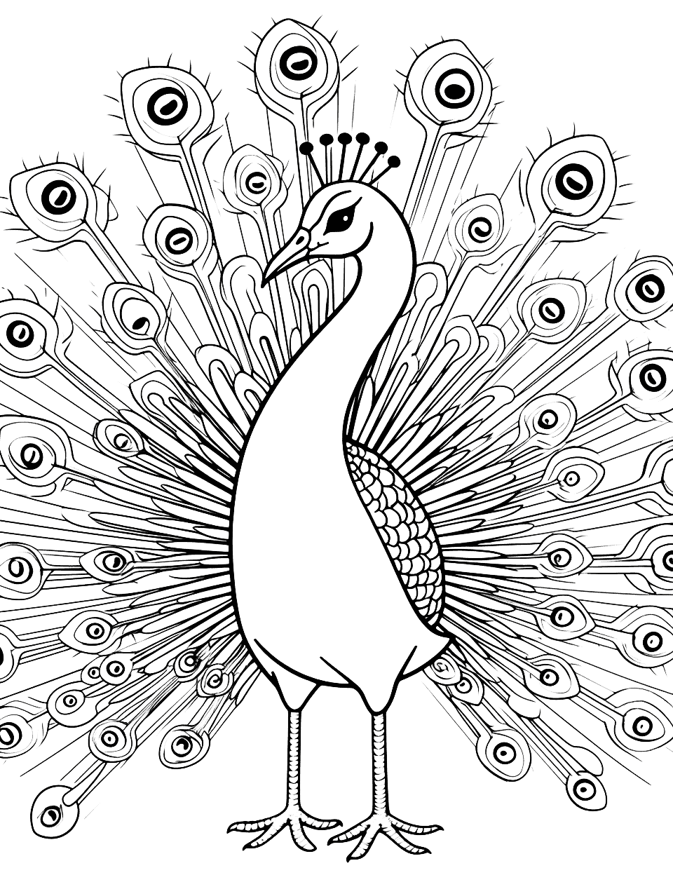 Detailed Peacock Cute Coloring Page - A majestic peacock with vibrant feathers and intricate patterns.