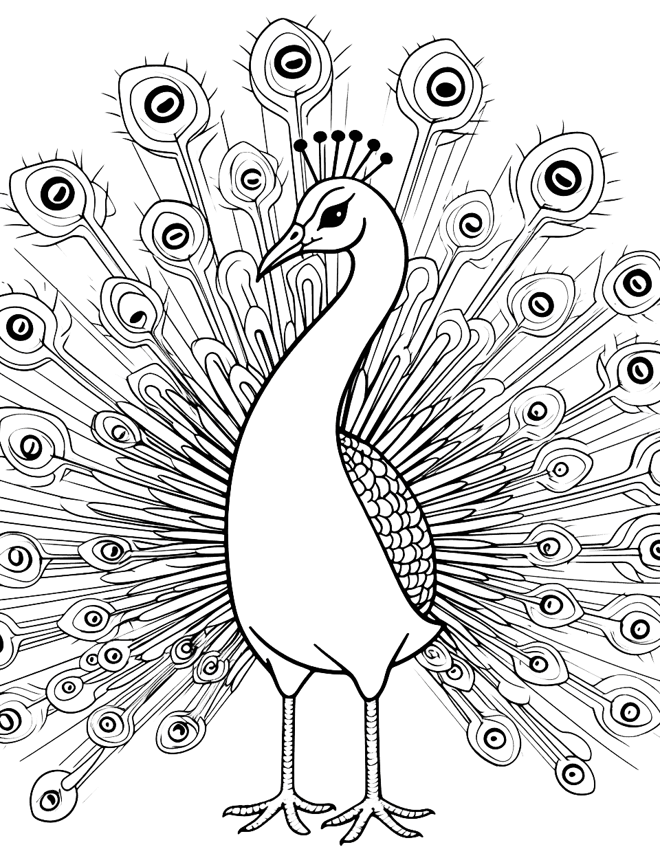 Detailed Peacock Coloring Page - A majestic peacock with vibrant feathers and intricate patterns.