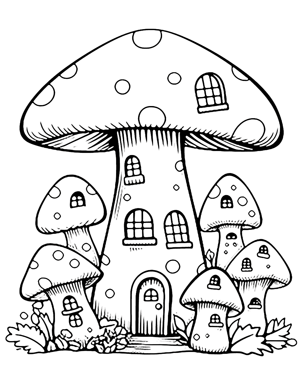Kawaii Mushroom Village Cute Coloring Page - A village of cute mushrooms with doors and windows.