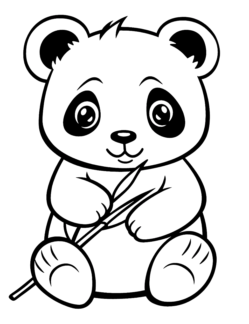 Chibi Panda Eating Bamboo Cute Coloring Page - A small, chubby panda happily munching on bamboo shoots.