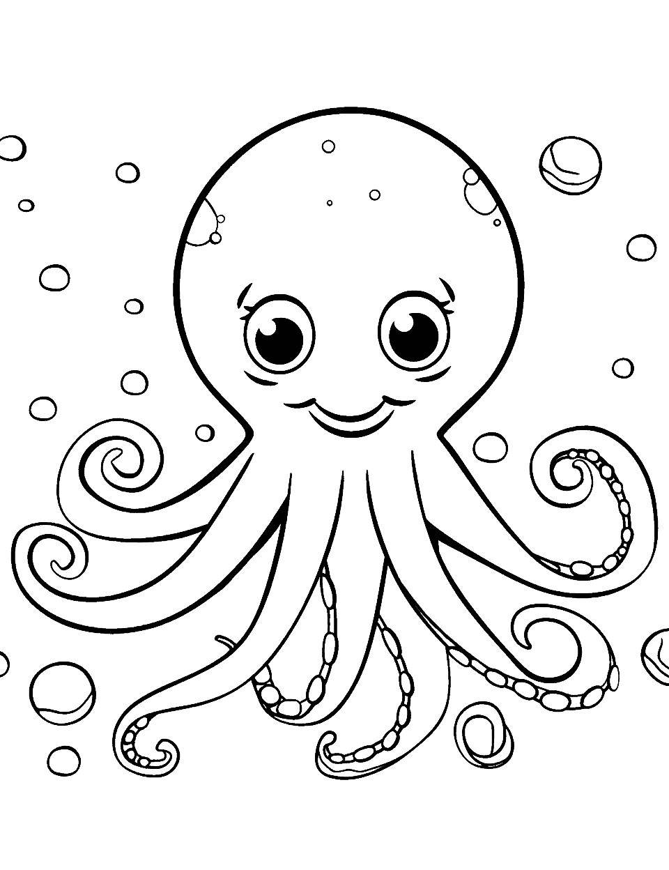 Cute Octopus in the Ocean Coloring Page - A smiling octopus swimming in the deep blue sea.