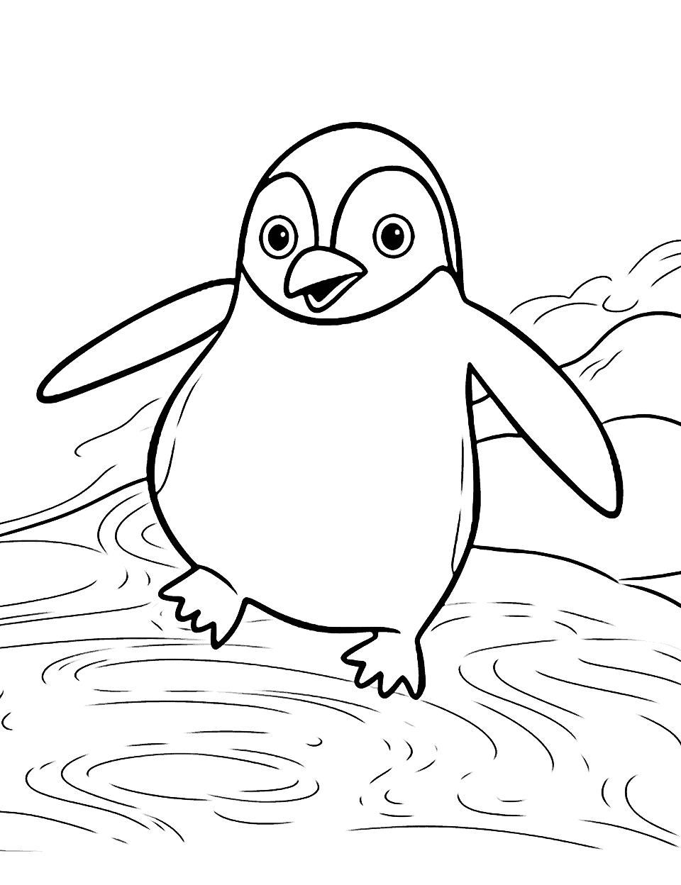 Penguin Sliding on Ice Cute Coloring Page - A cute penguin sliding on a slippery ice surface, having a joyful time.