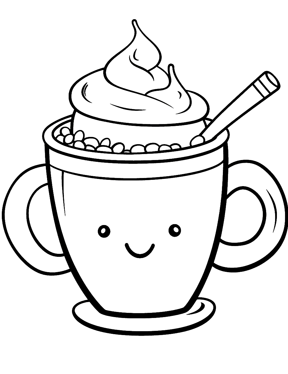 Kawaii Cup of Hot Chocolate Cute Coloring Page - A cute cup of hot chocolate with a whipped cream smiley face.