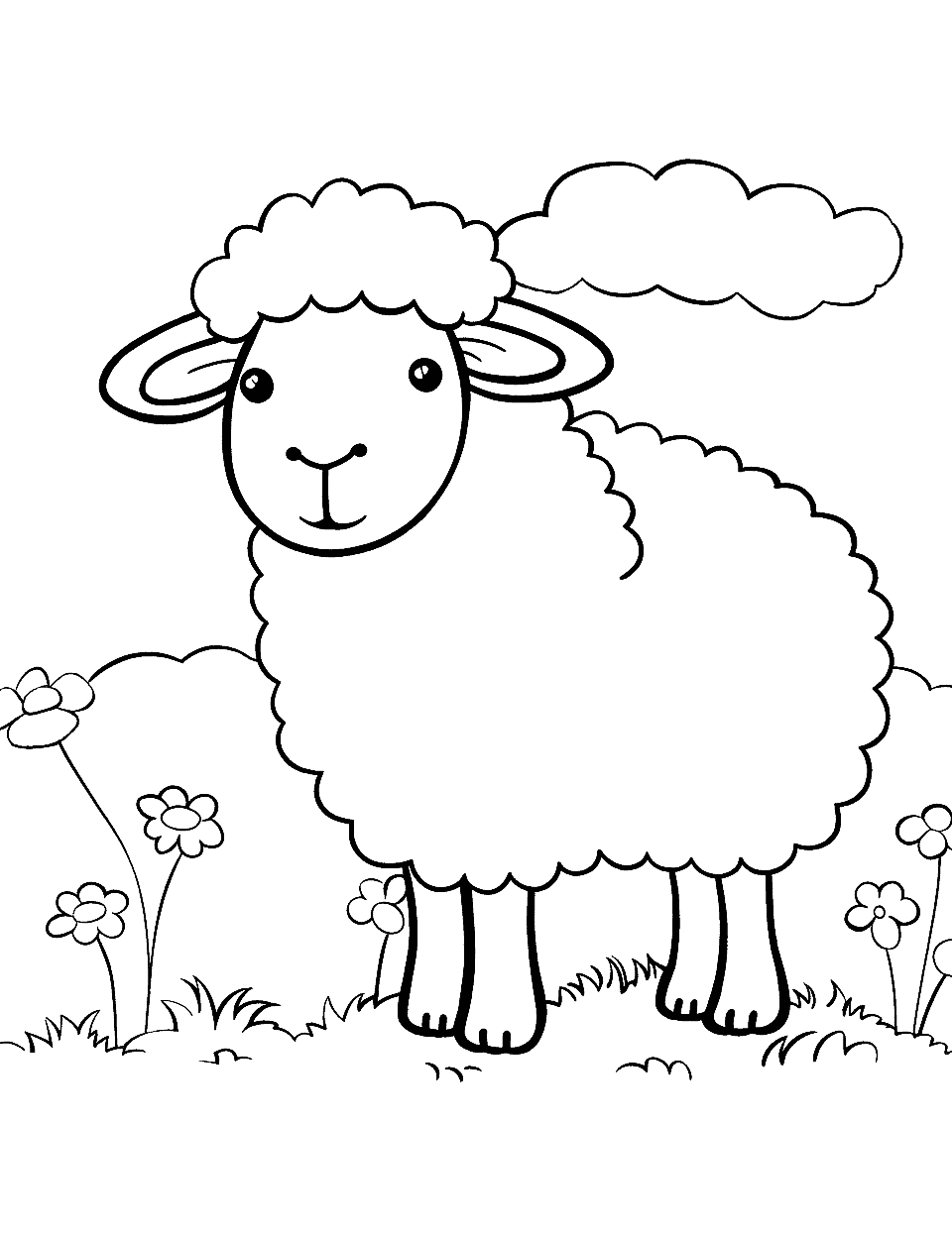 Fluffy Sheep in a Meadow Cute Coloring Page - A fluffy sheep peacefully grazing in a green meadow.