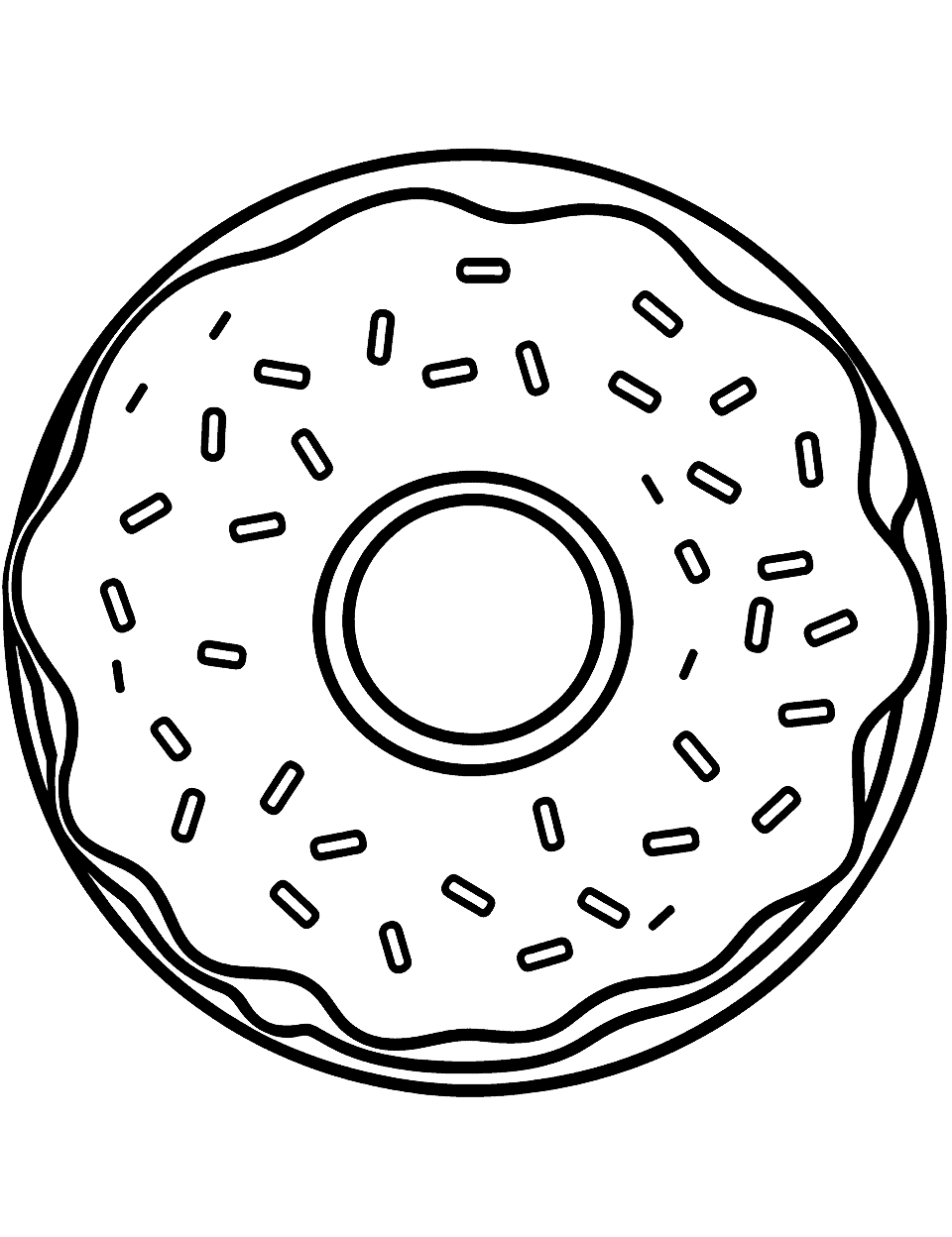 Kawaii Donut With Sprinkles Coloring Page - A donut with a smiling face and colorful sprinkles.