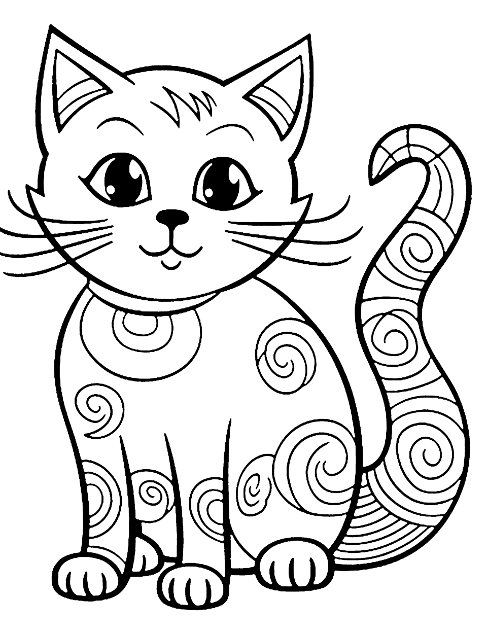 Doodle-Style Cat Cute Coloring Page - A cat is drawn in a doodle style with playful patterns and shapes.