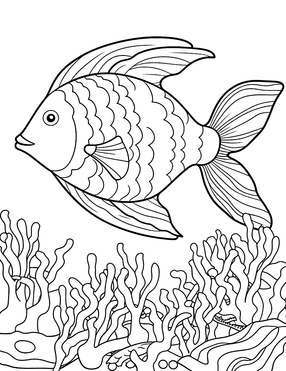 Tropical Fish in a Coral Reef Cute Coloring Page - Colorful fish swimming among vibrant coral formations.