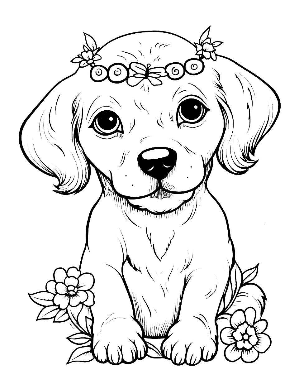 Puppy With a Flower Crown Cute Coloring Page - A sweet puppy wearing a crown made of colorful flowers.