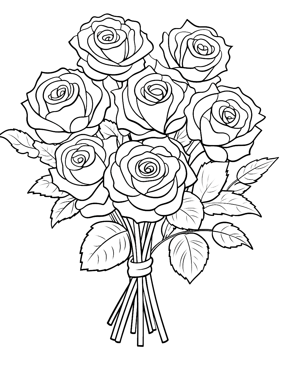 Detailed Rose Bouquet Coloring Page - A bouquet of roses with intricate details and different colors.