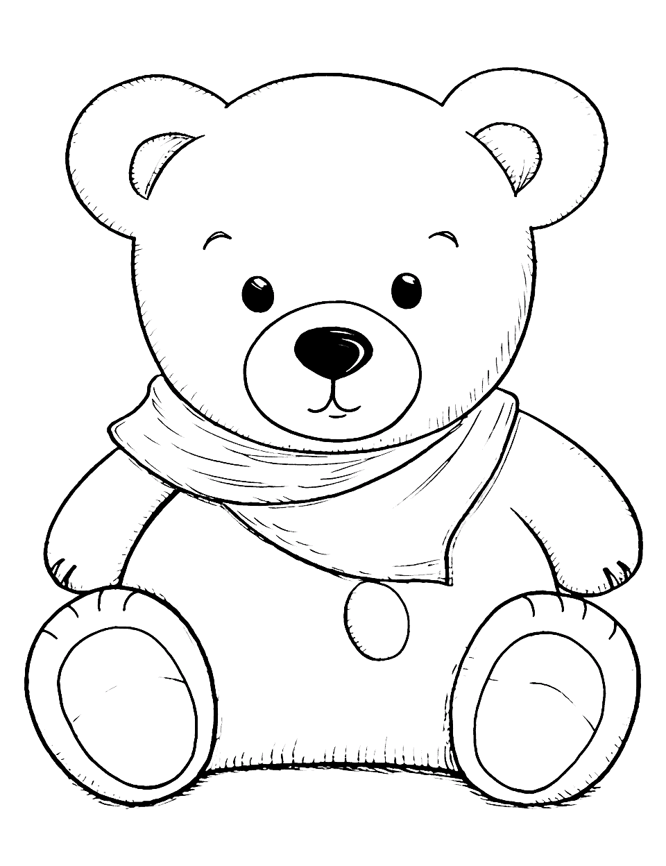 Cute Teddy Bear Coloring Page - A teddy bear peacefully sitting on the floor with a blanket wrapped around the shoulders.