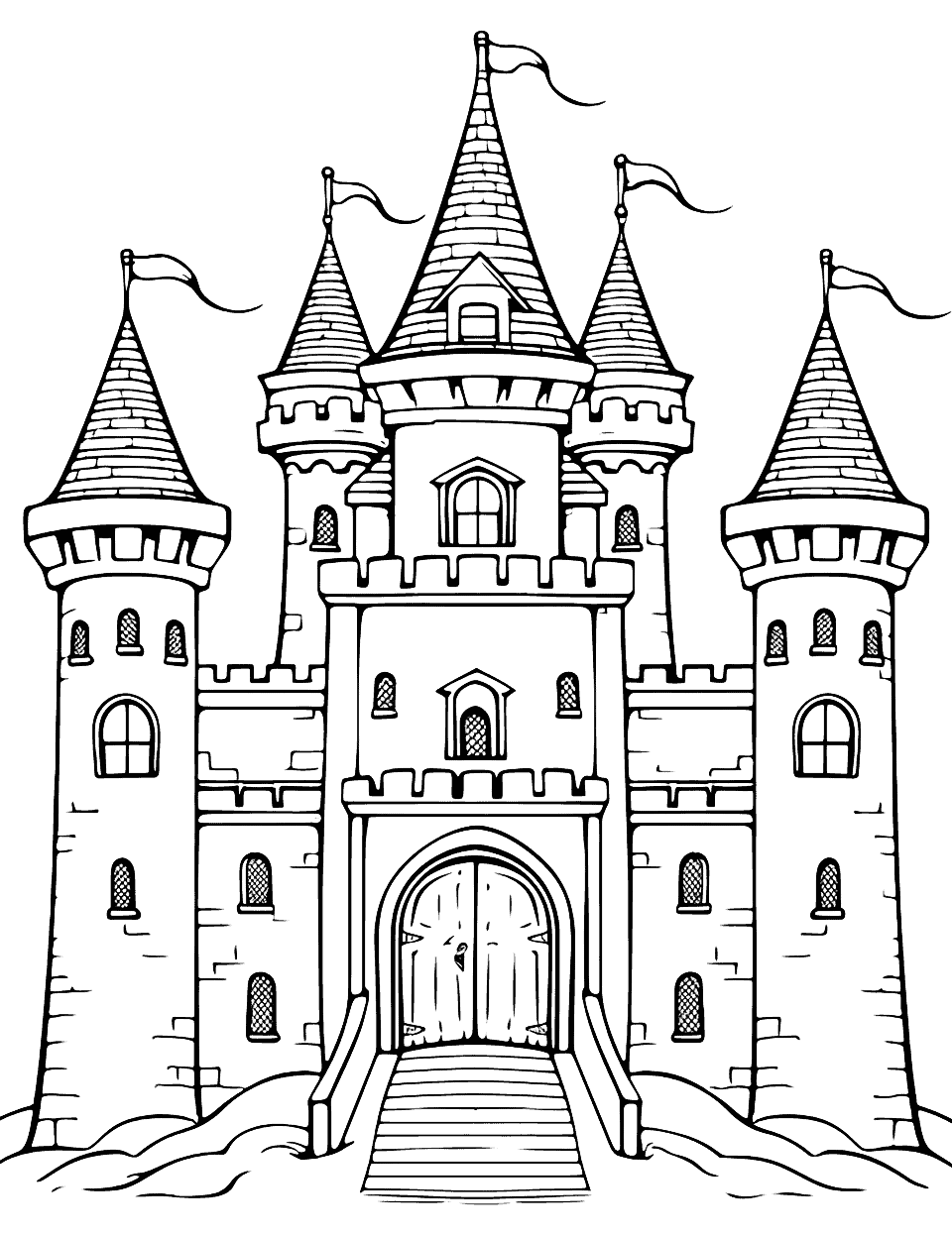 Fairy Tale Castle Cute Coloring Page - A castle straight out of a fairy tale, with turrets and a drawbridge.