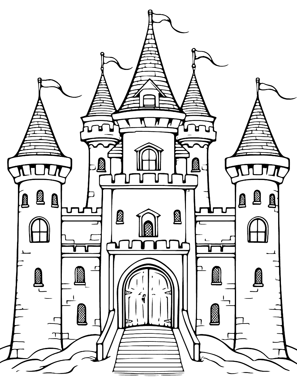 Fairy Tale Castle Coloring Page - A castle straight out of a fairy tale, with turrets and a drawbridge.