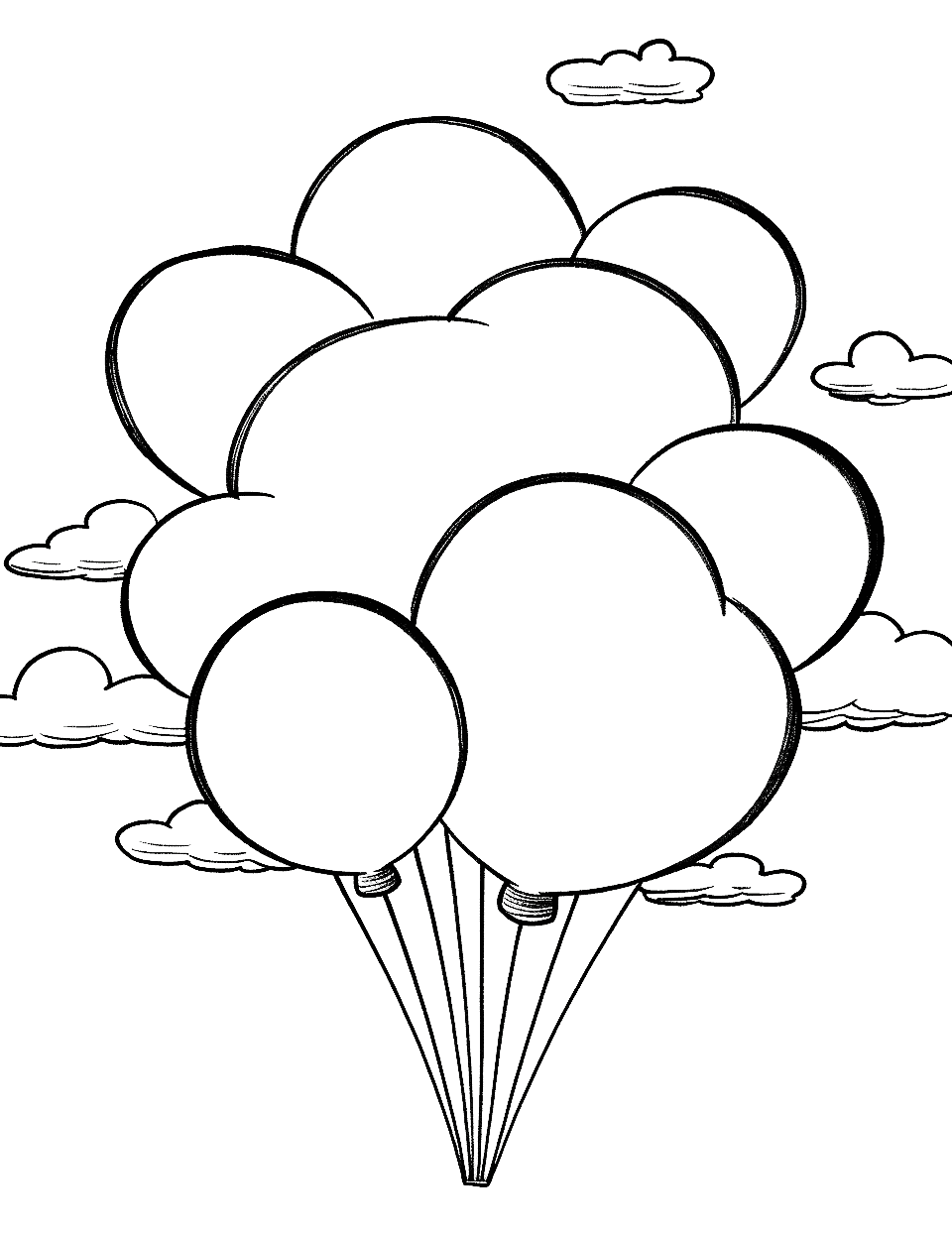 Fluffy Clouds and Balloons Cute Coloring Page - White clouds with colorful balloons floating among them.