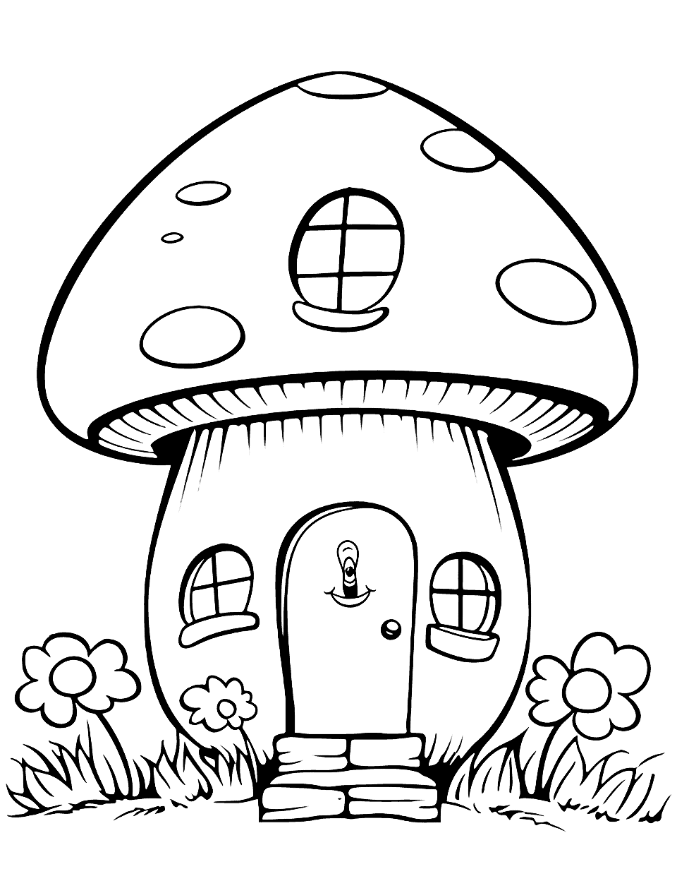 Happy Mushroom House Cute Coloring Page - A mushroom-shaped house with a smiling face and a door.