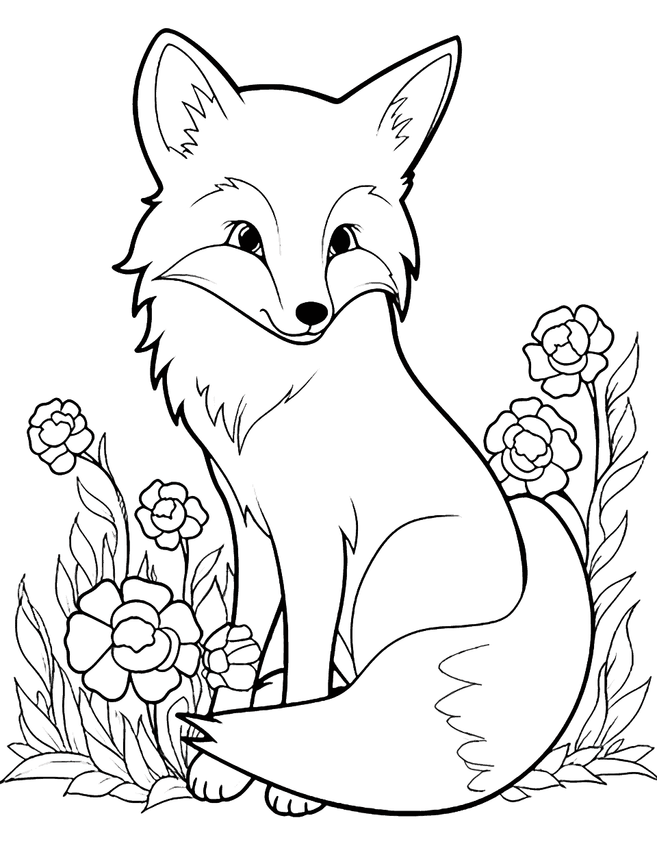 Fox in a Meadow Cute Coloring Page - A cute fox sitting in a meadow filled with colorful flowers.