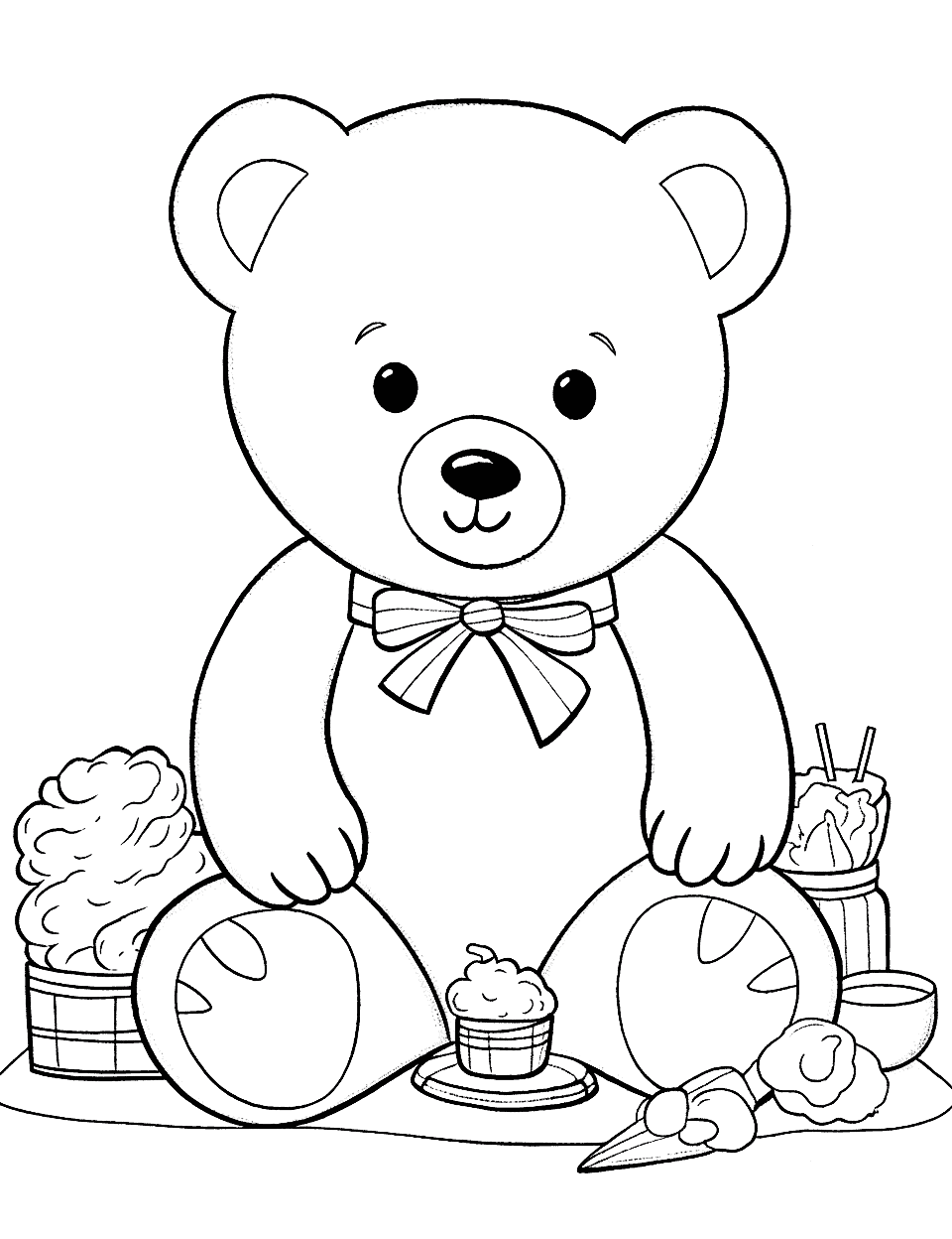 Teddy Bear Picnic Coloring Page - Teddy bears sitting on a blanket, having a picnic with delicious treats.