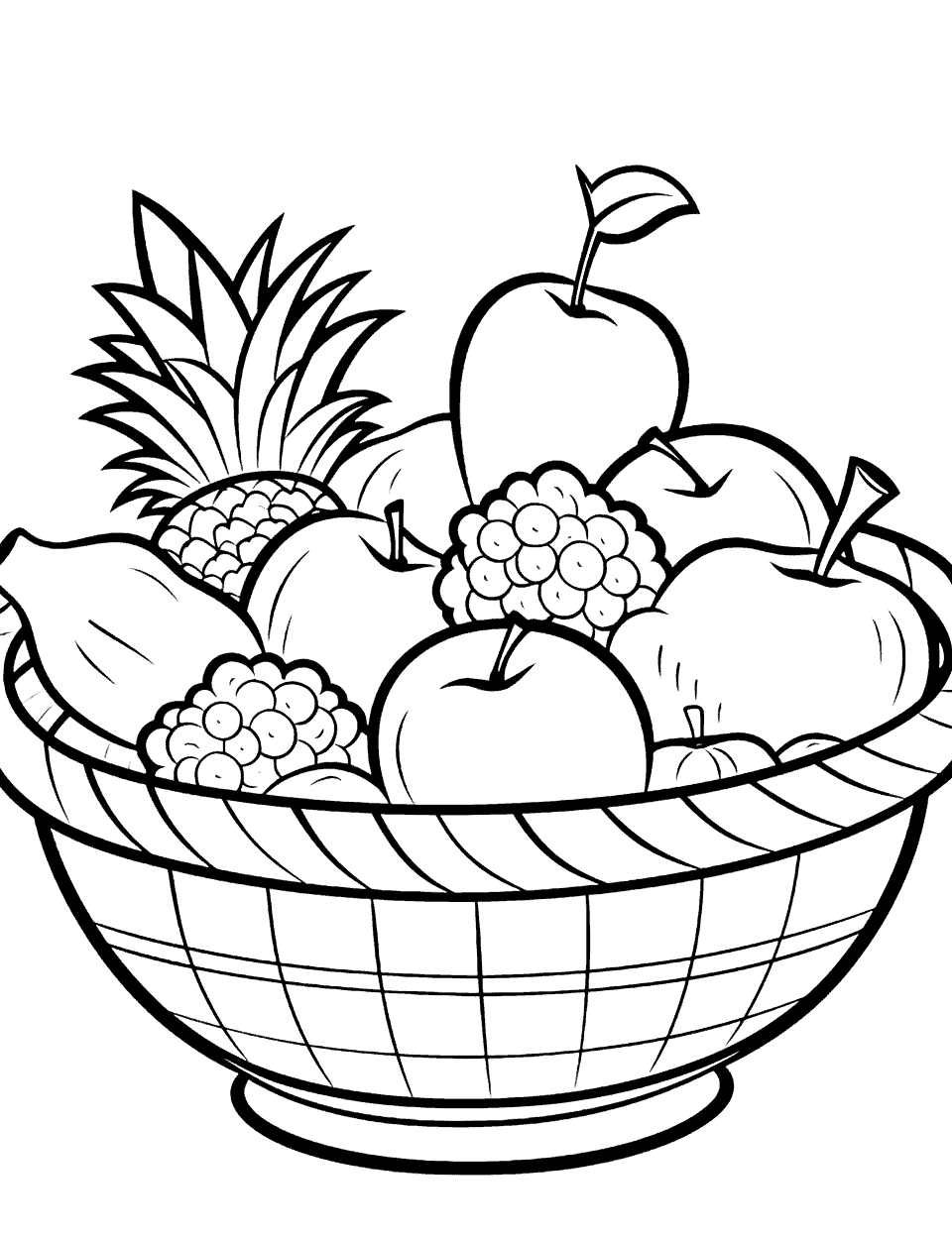 Kawaii Fruit Basket Cute Coloring Page - A basket filled with various cute fruits like apples, oranges, grapes, and pineapples.
