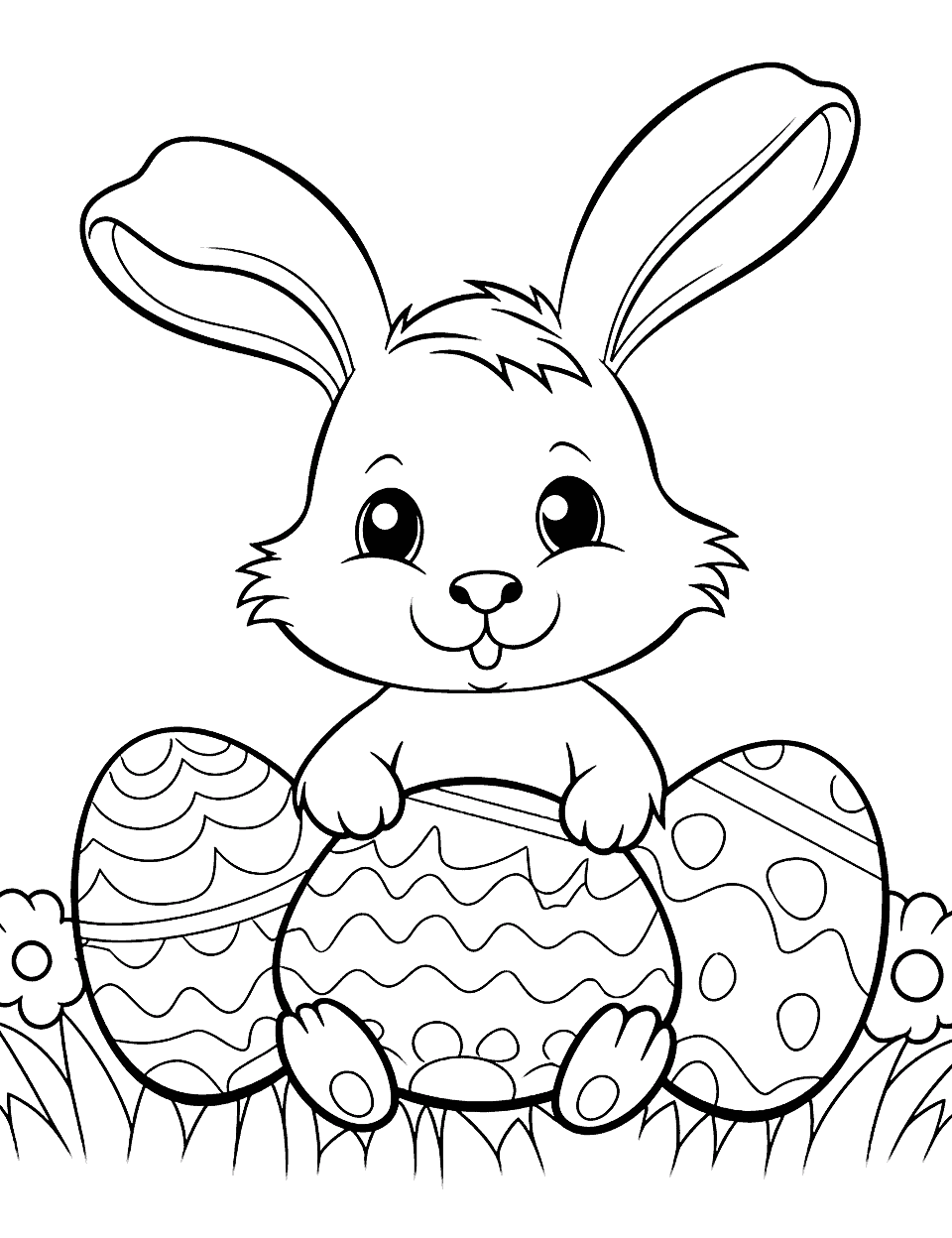 Cute Bunny Coloring Page - A fluffy bunny with a big smile, holding a colorful Easter egg.