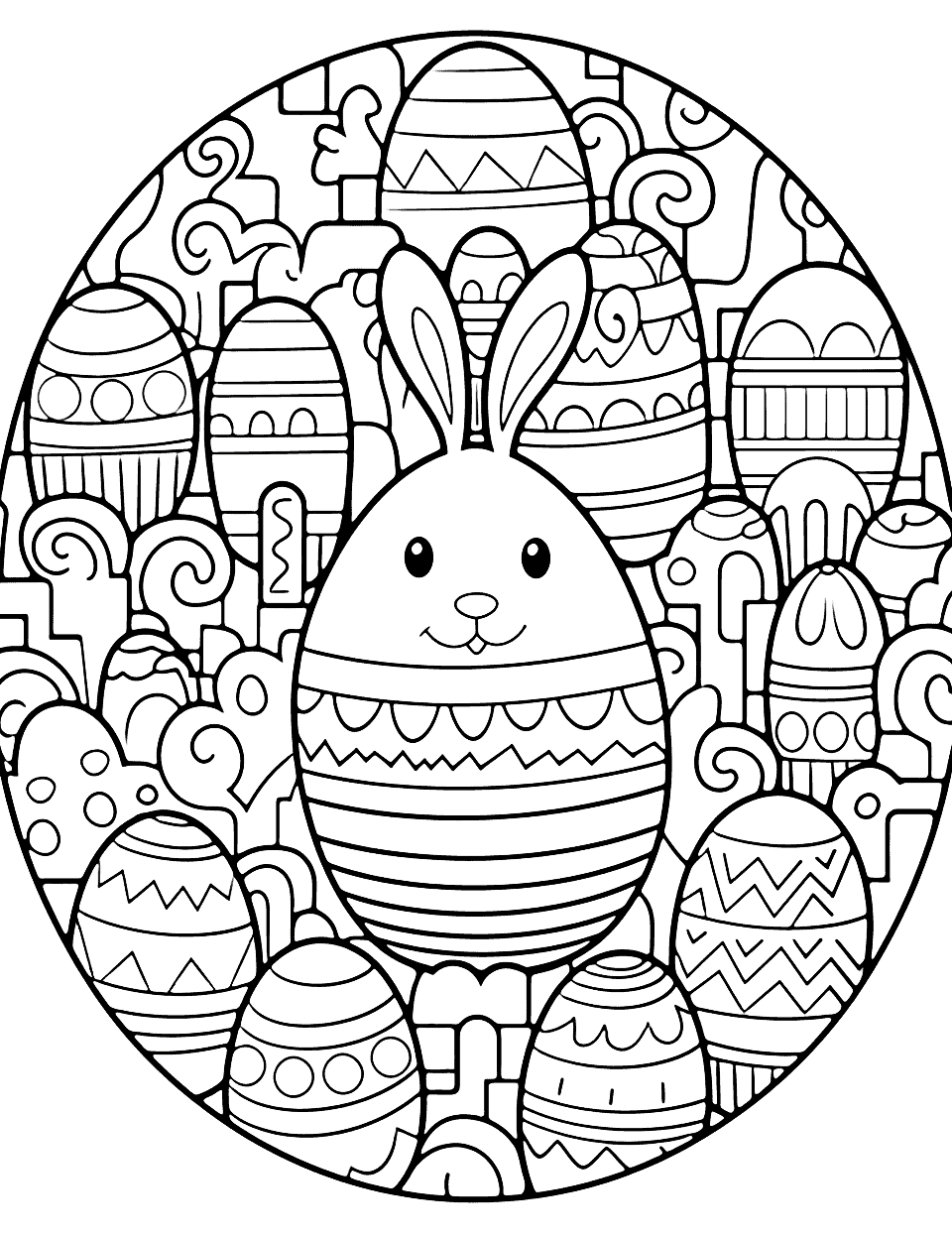 Fun Easter Egg Coloring Page - An egg-shaped maze with Easter-themed elements for kids to color.