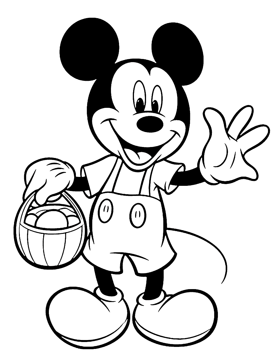 Mickey Mouse Easter Coloring Page - Mickey Mouse with big ears carrying a basket of Easter eggs.