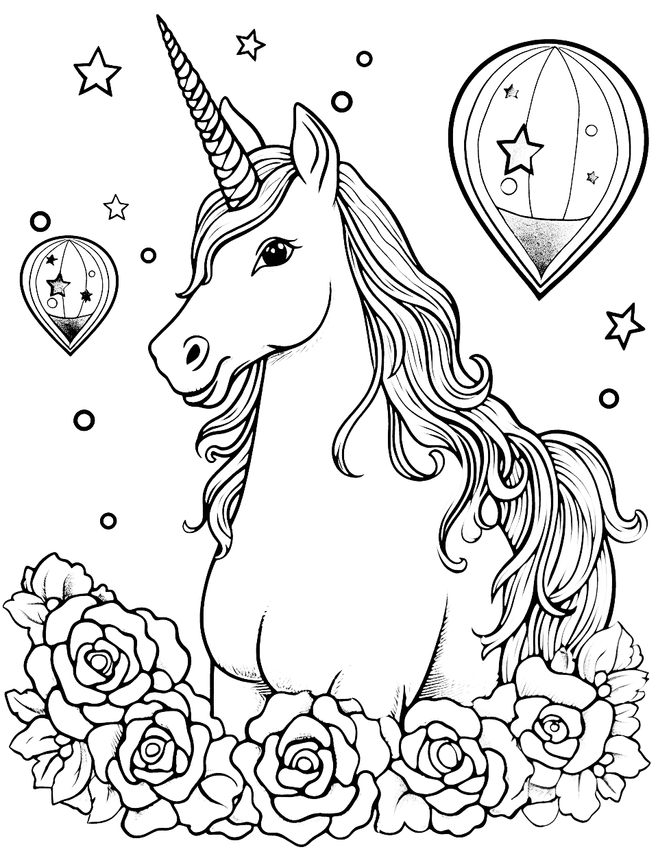 Unicorn Easter Scene Coloring Page - A majestic unicorn surrounded by rainbows and flowers creates a magical atmosphere.