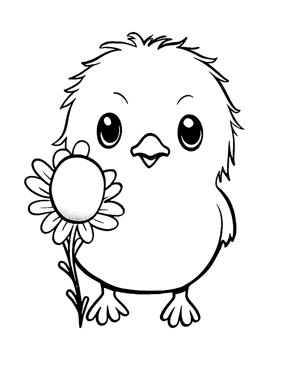 Cute Chick with Flower Easter Coloring Page - A tiny chick holding a beautiful flower, radiating happiness and Easter spirit.