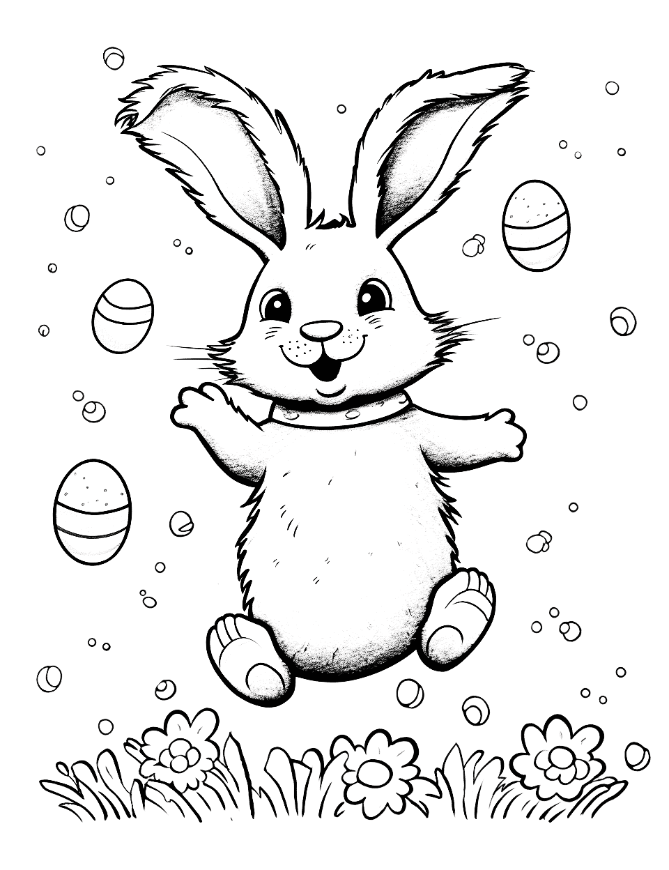 Joyful Easter Bunny Coloring Page - A jumping bunny, spreading joy and happiness, with a trail of colorful Easter eggs behind it.