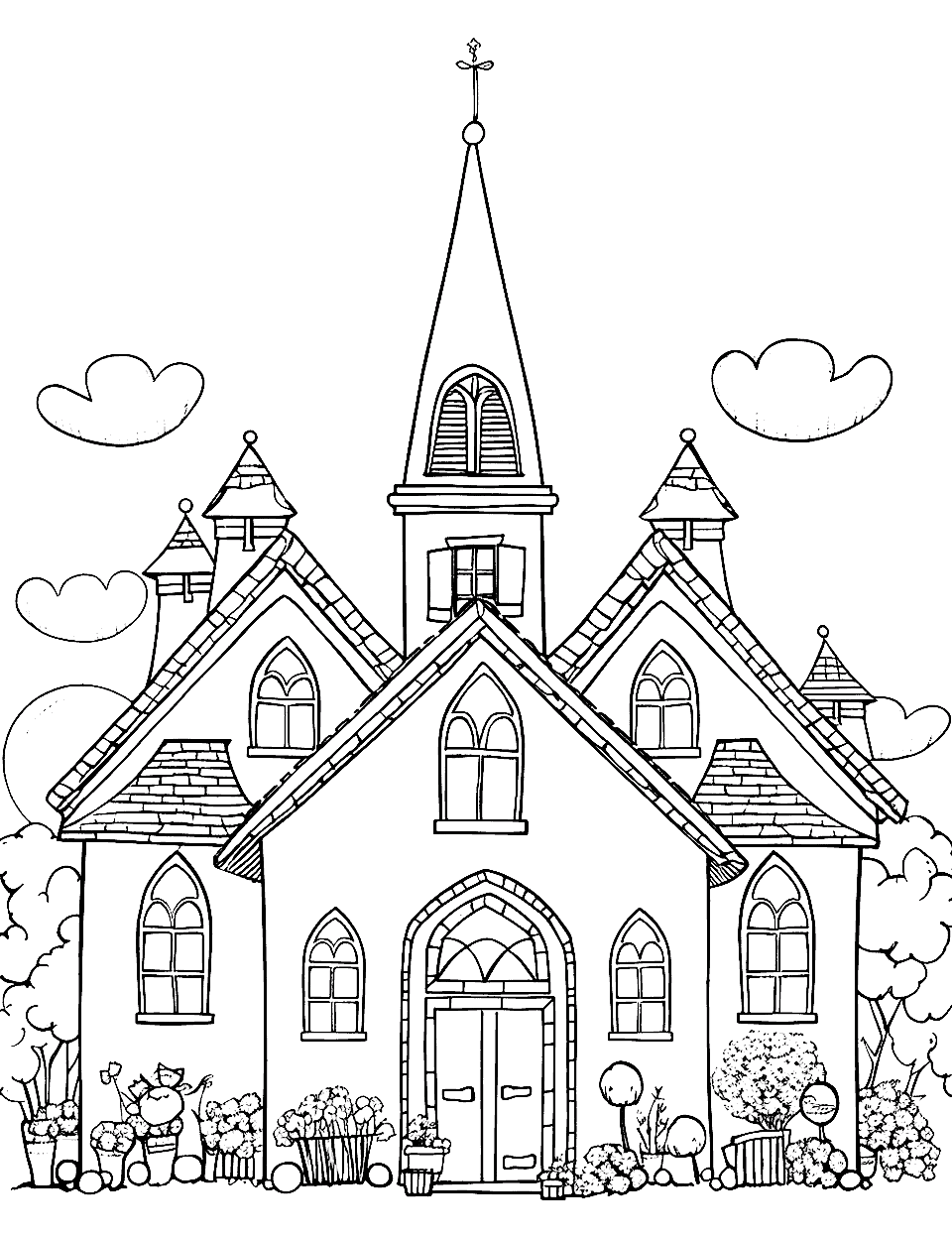 Church Easter Celebration Coloring Page - A church decorated with flowers and Easter decorations represents the festive atmosphere.