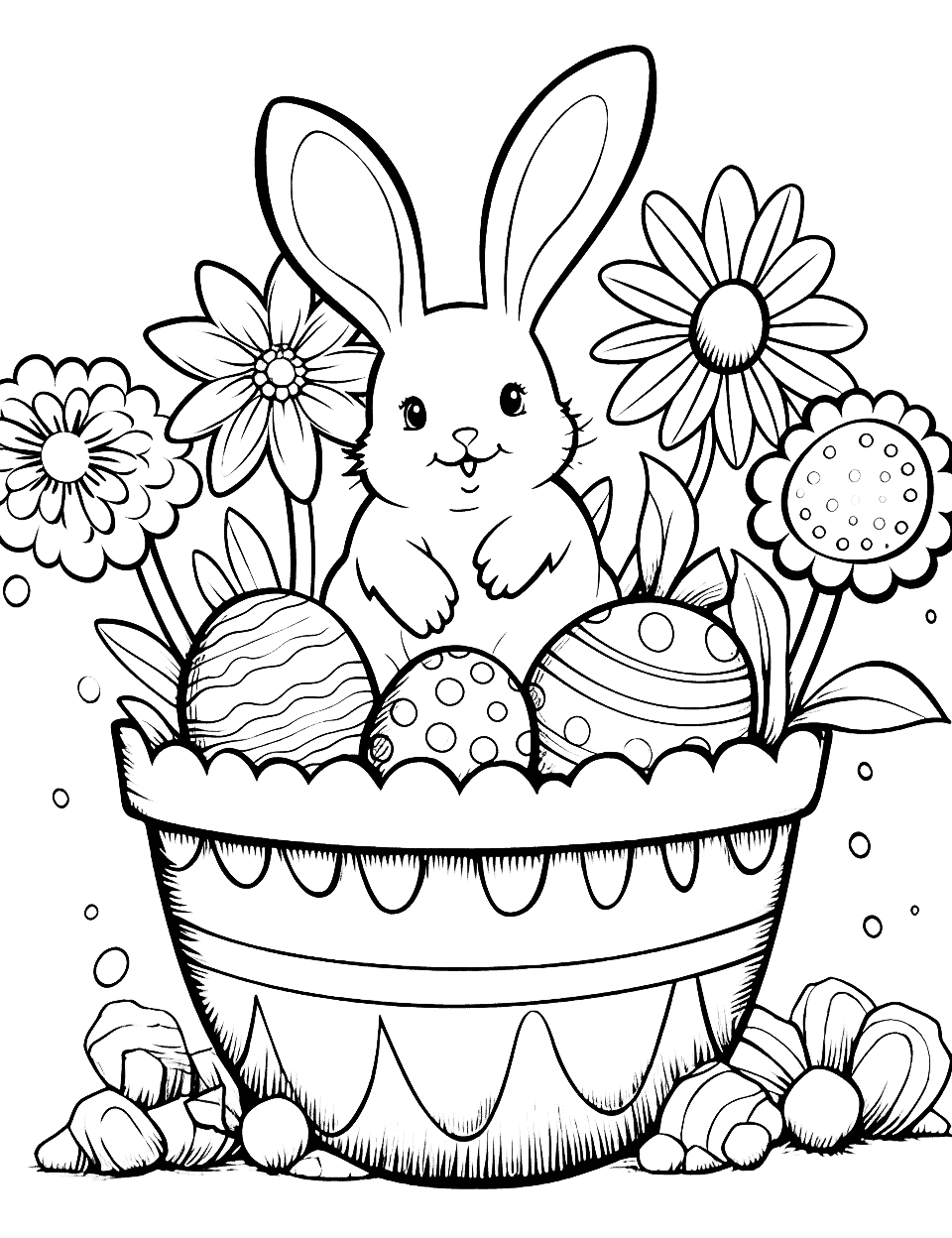 Basket of Happiness Easter Coloring Page - A basket overflowing with Easter eggs, flowers, and butterflies, symbolizing joy and renewal.