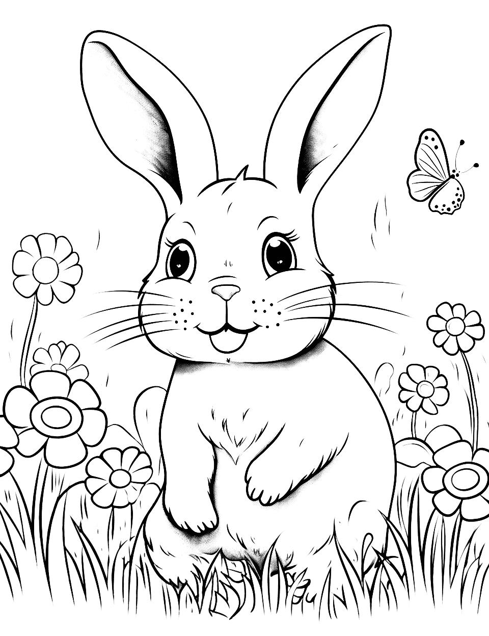 Bunny in a Meadow Coloring Page - A bunny enjoying the springtime in a meadow filled with blooming flowers and butterflies.