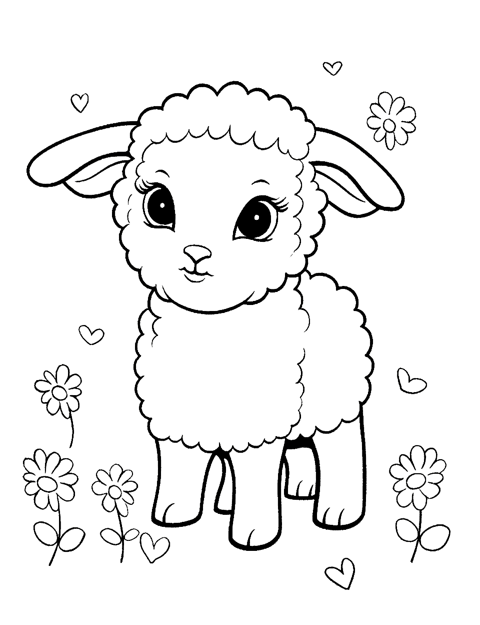 Cute Lamb Easter Coloring Page - Lambs represent innocence. This fluffy one is surrounded by daisies. It is a soft and sweet image for the holiday.