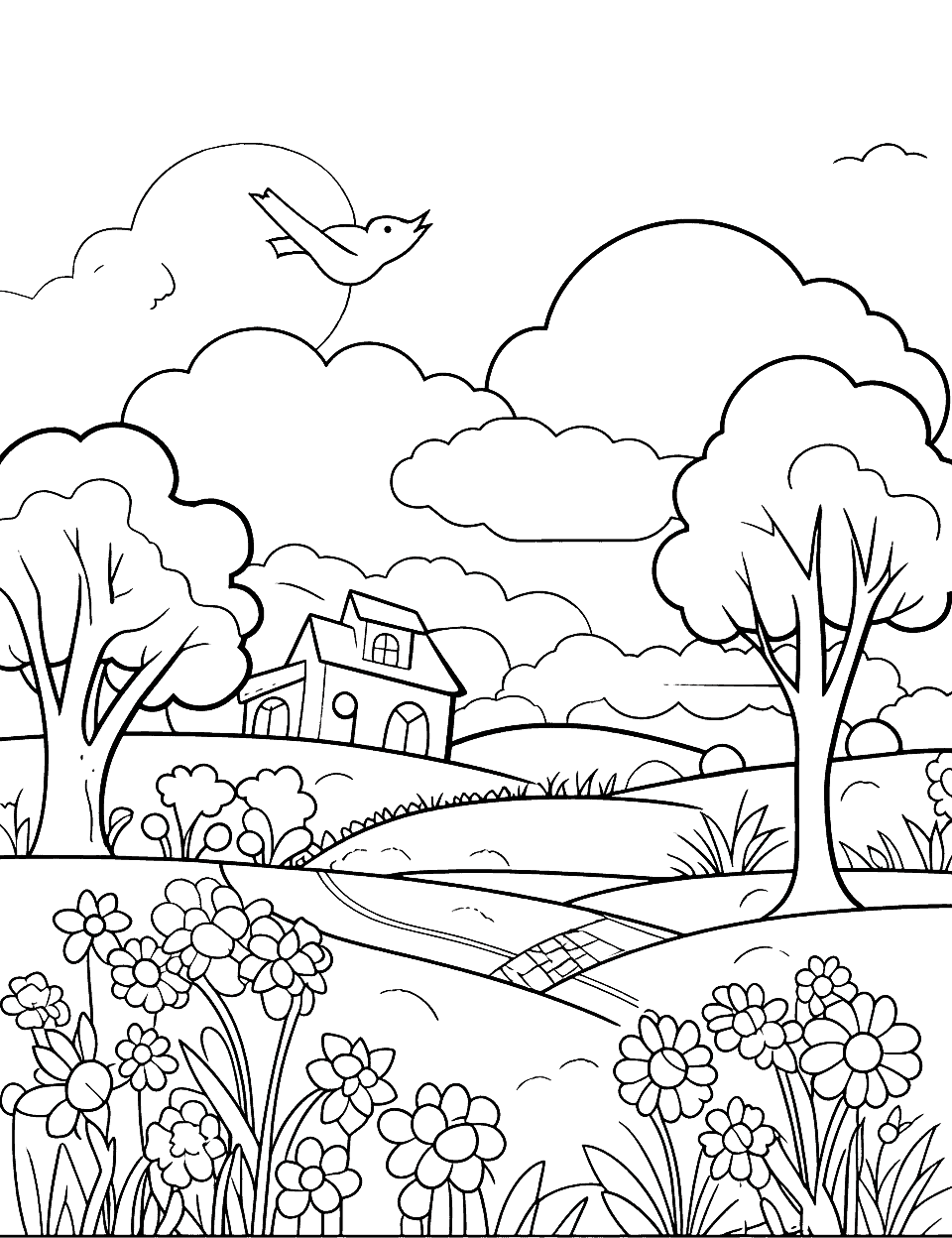 Springtime Nature Easter Coloring Page - A picturesque scene of springtime nature featuring blossoming trees, chirping birds, and a sunny sky evoking the Easter spirit.