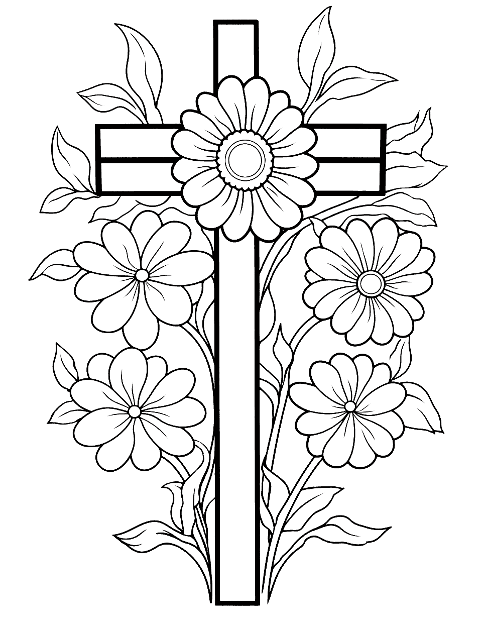 Cross with Flowers Easter Coloring Page - A cross embellished with vibrant flowers symbolizing the resurrection and renewal that Easter represents.