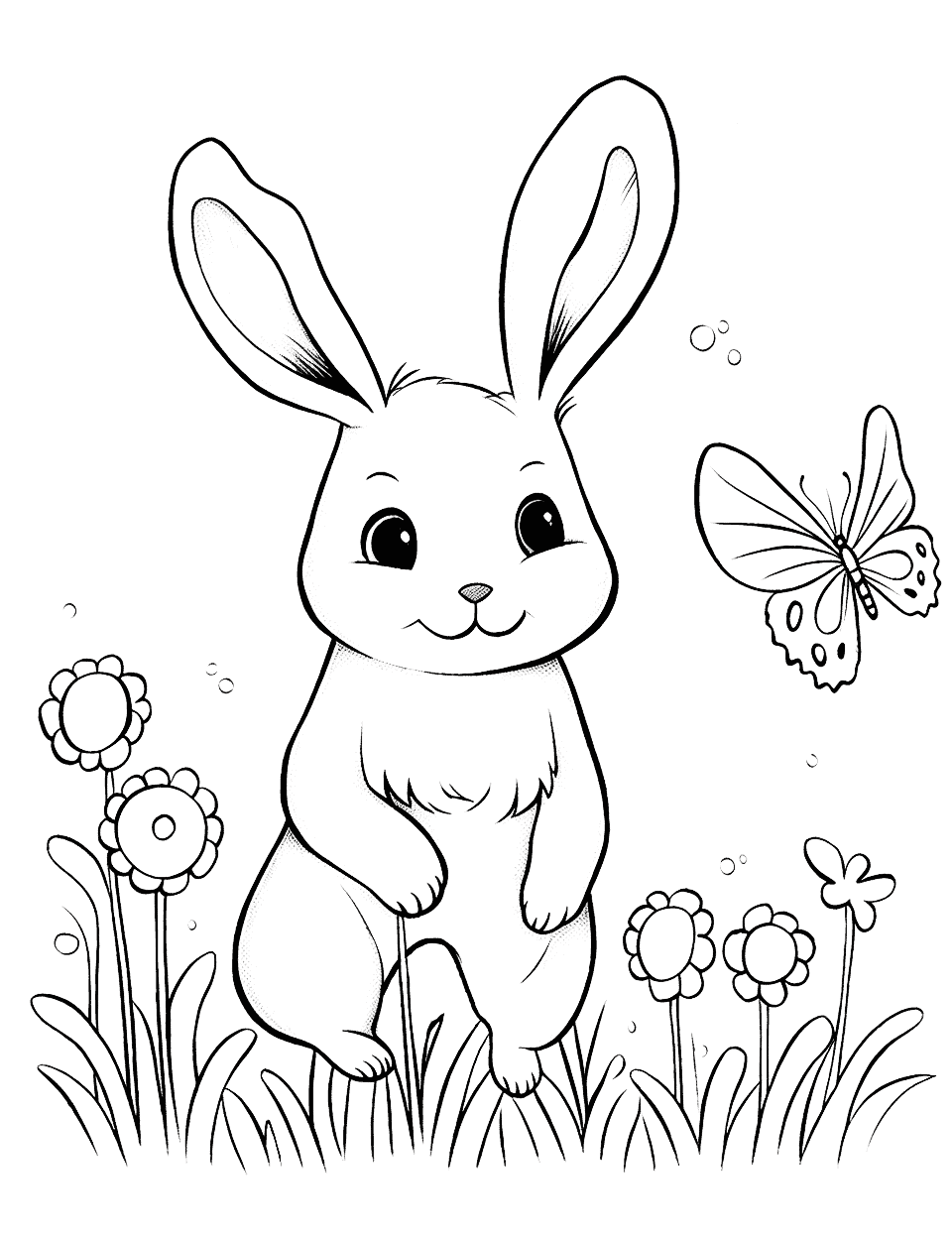 Bunny and Butterfly Easter Coloring Page - A bunny sitting amidst a garden, with a butterfly flying towards its nose, portraying a delightful interaction between two gentle creatures.