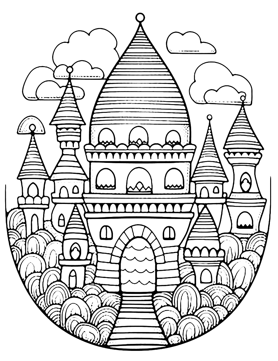 Easter Egg Castle Coloring Page - A grand castle made entirely of Easter eggs, inspiring children’s imagination as they color each egg in their own unique way.