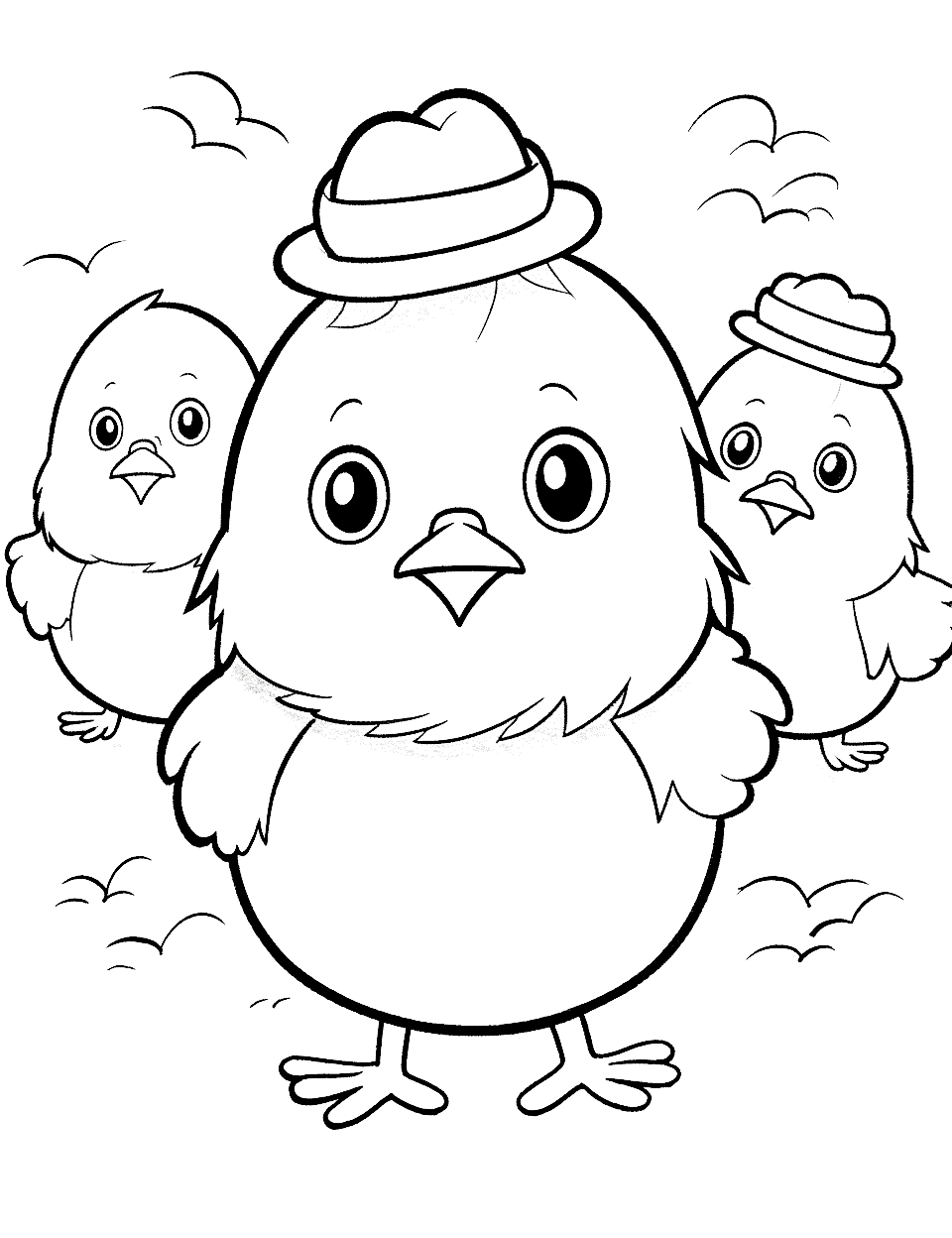 Joyful Chick Trio Easter Coloring Page - Three adorable chicks playing and dancing together, radiating happiness and adding a touch of cuteness to the Easter coloring page.