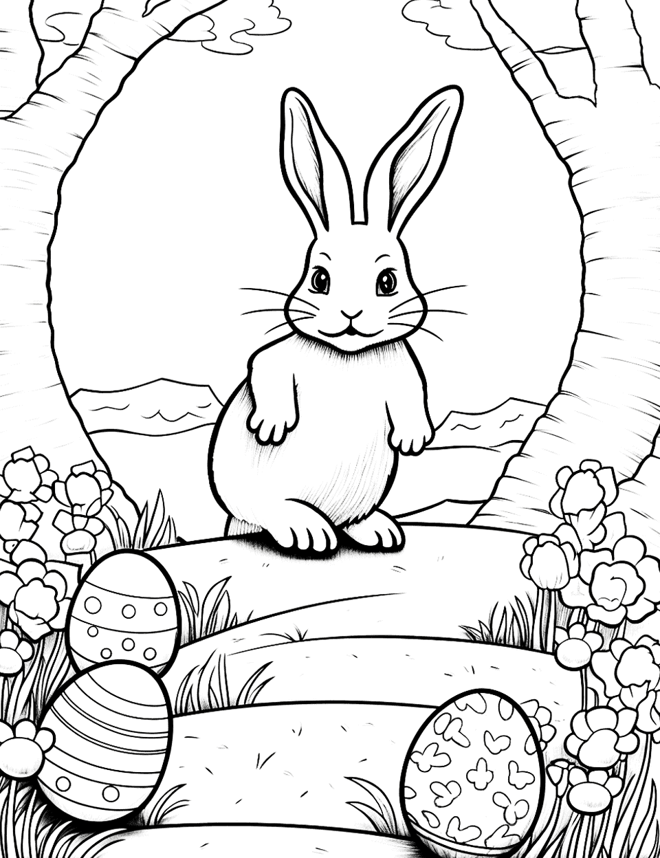 Easter Bunny Trail Coloring Page - A winding path of bunny footprints leading to a hidden treasure trove of Easter eggs, challenging kids with their coloring skills.