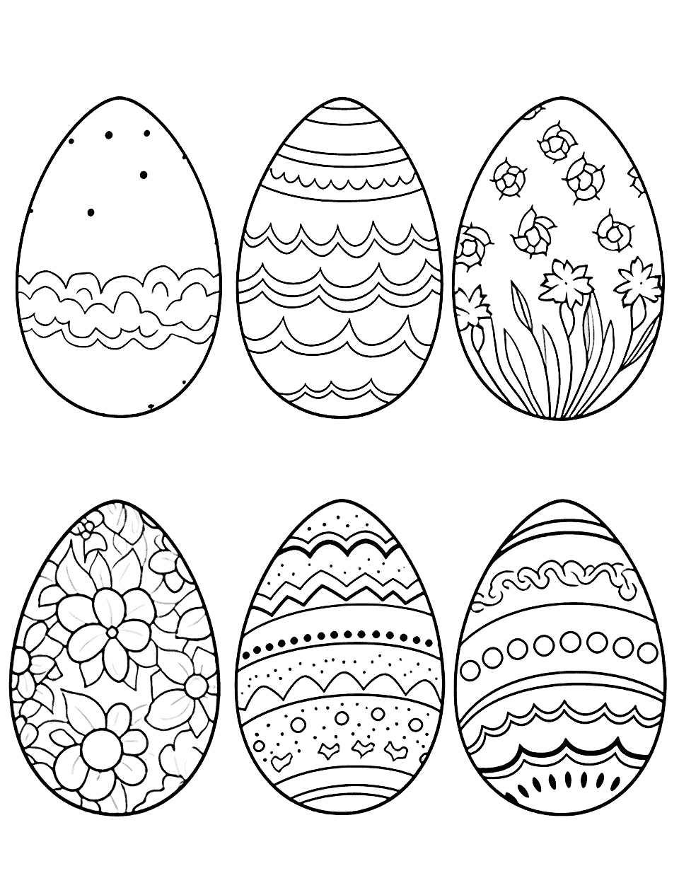 Easter Egg Collage Coloring Page - A collage of various Easter eggs, each uniquely designed with different patterns, shapes, and colors, offering a creative and vibrant coloring experience.