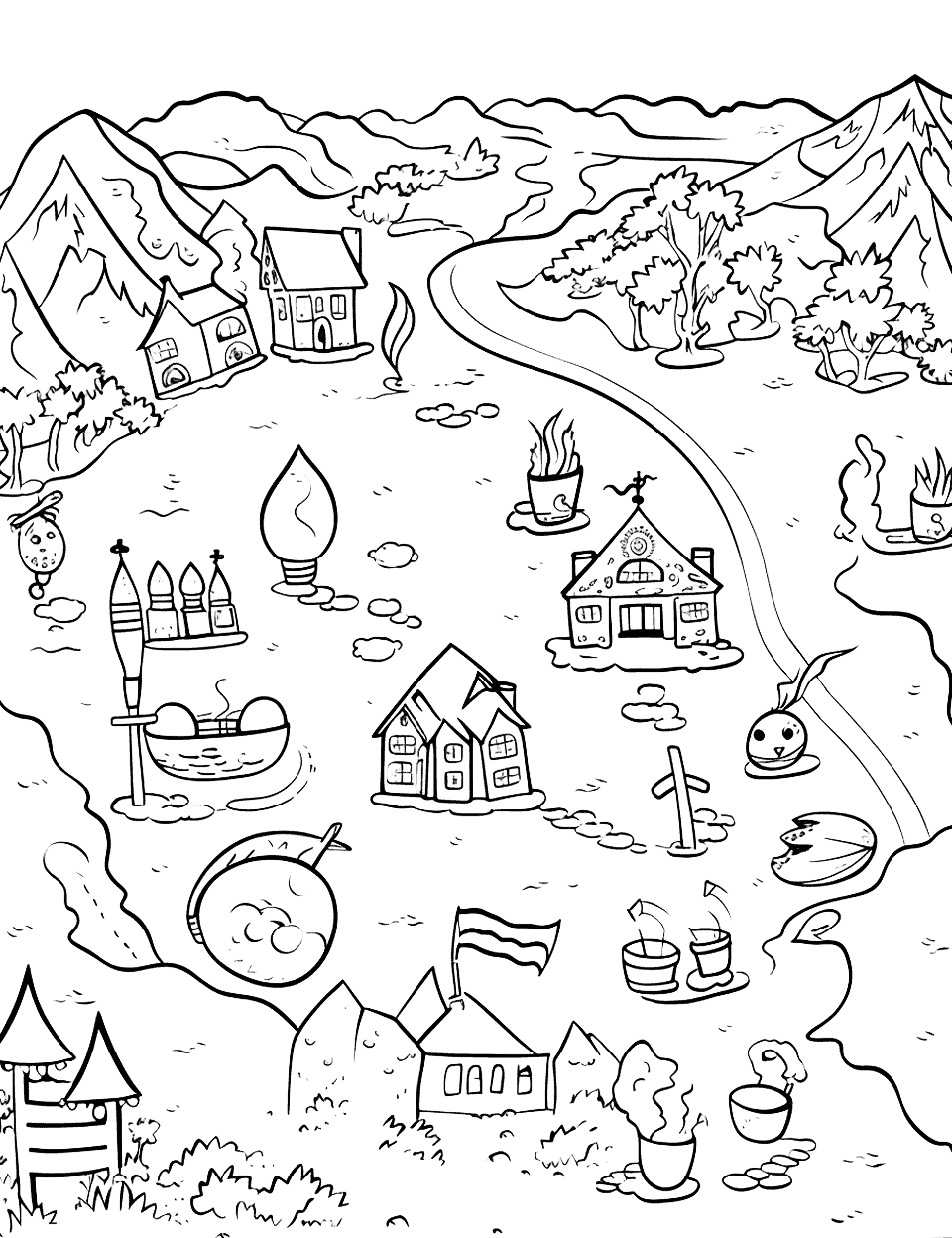 Easter Egg Hunt Map Coloring Page - A map showcasing a colorful landscape with marked spots for kids to color, representing different hiding places for Easter eggs during an egg hunt.