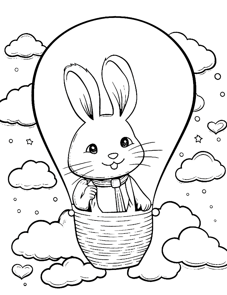 Bunny in a Hot Air Balloon Easter Coloring Page - A bunny floating in a whimsical hot air balloon, soaring through the sky surrounded by clouds and Easter-themed decorations.