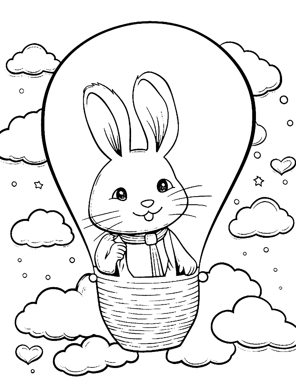 Bunny in a Hot Air Balloon Coloring Page - A bunny floating in a whimsical hot air balloon, soaring through the sky surrounded by clouds and Easter-themed decorations.