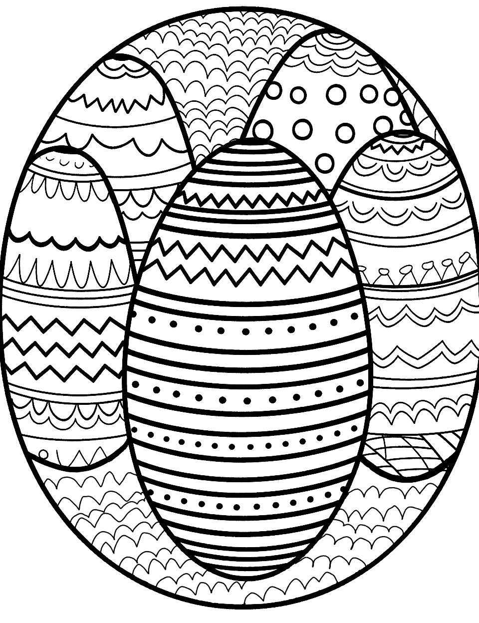 Easter Egg Medley Coloring Page - An assortment of different-sized Easter eggs, each showcasing unique designs like stripes, polka dots, and zigzag patterns, encouraging creativity in coloring.